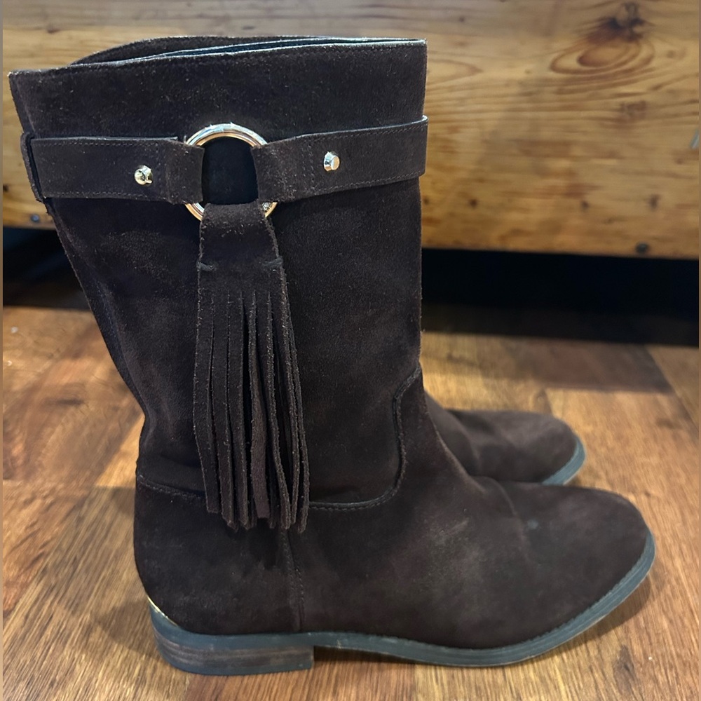 Michael Kors Rhea Brown Suede Mid Calf Boots Fringe Pull On Womens Size 7.5